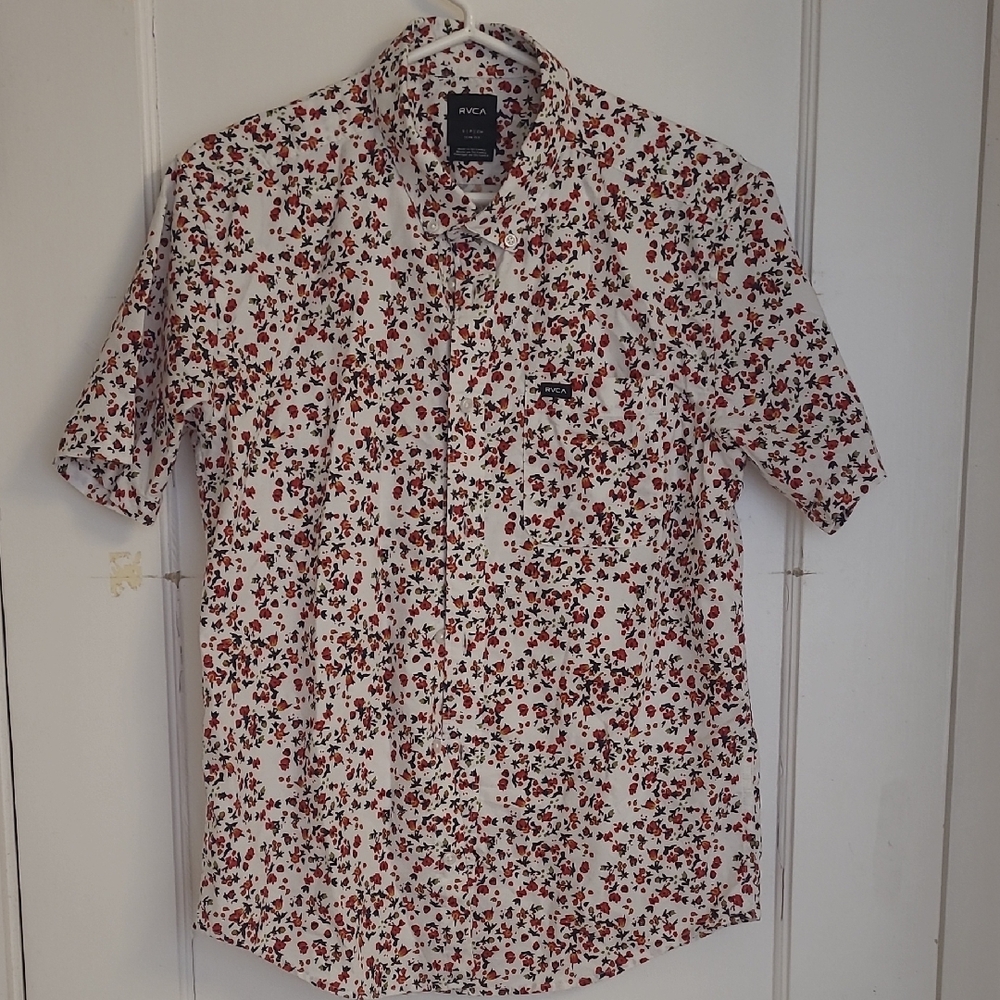 RVCA Men's Floral Print Shirt - Red and White